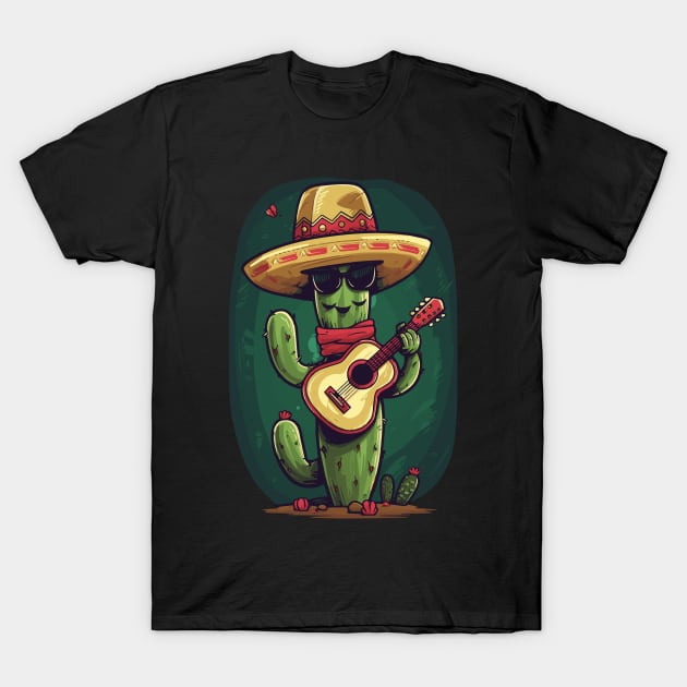 Funny Cartoon Cactus with Guitar and sombrero T-Shirt by TSHIRT PLACE